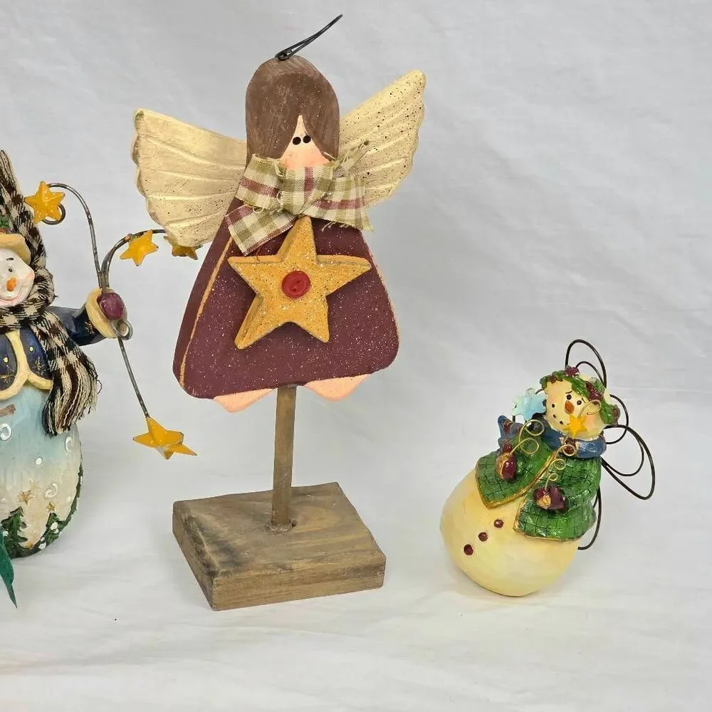 Primitive Christmas Snowman & Angel Figurines Lot